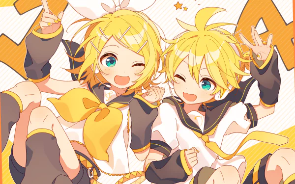 HD anime desktop wallpaper featuring Vocaloid characters Rin Kagamine and Len Kagamine in bright, energetic poses with their signature yellow and black outfits.