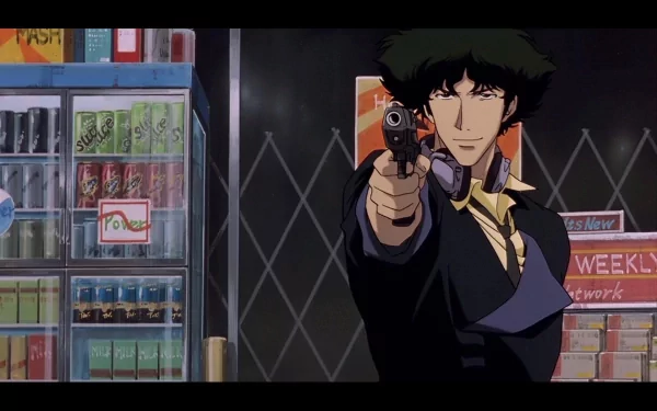 HD anime desktop wallpaper featuring Spike Spiegel from Cowboy Bebop aiming a gun inside a convenience store setting.