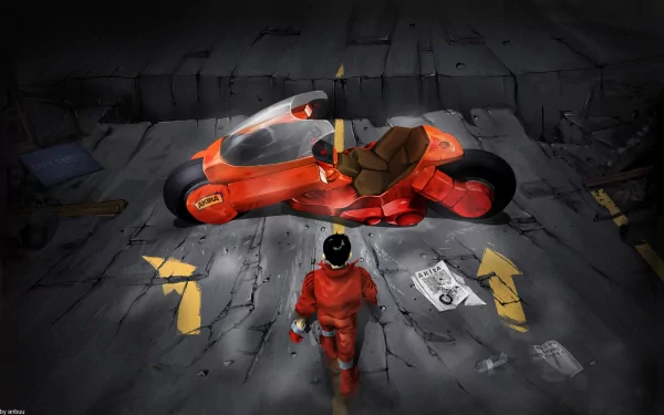 A striking HD desktop wallpaper featuring a character in a red jumpsuit standing before a futuristic orange motorcycle, inspired by the anime Akira.