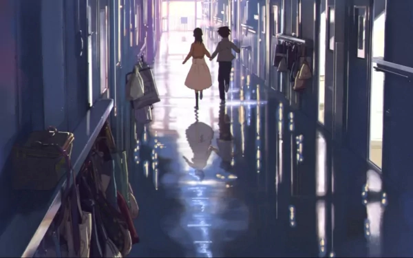 A serene HD wallpaper from 5 Centimeters per Second, featuring Akari Shinohara and Takaki Touno walking hand in hand through a reflective school hallway.