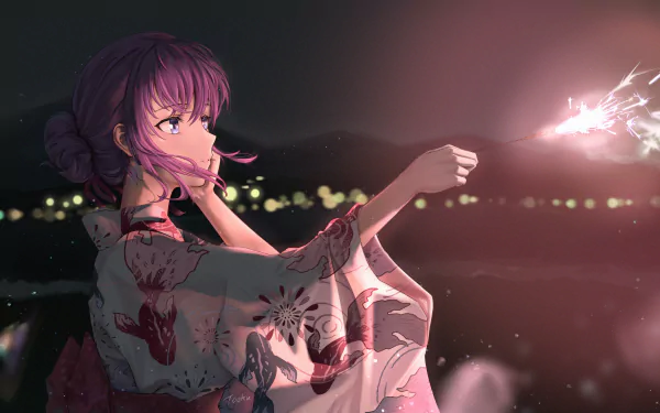 Sakura Matou (Fate/stay Night Movie: Heaven's Feel) in a floral kimono holding a glowing sparkler against blurred night city lights — 4K Ultra HD PC wallpaper.