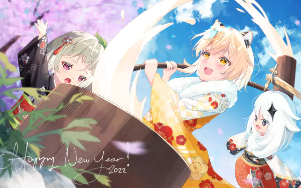 4K Ultra HD PC desktop wallpaper: Lumine, Sayu and Paimon in festive kimonos pounding a giant wooden mallet under cherry blossoms, celebrating New Year with Happy New Year 2022 text.