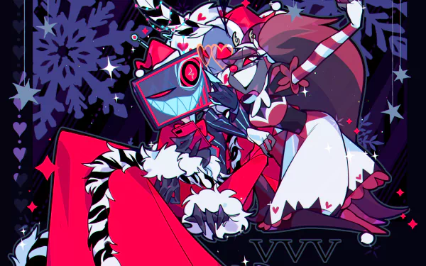 HD PC desktop wallpaper of Hazbin Hotel characters Vox, Velvet and Valentino in a neon red-and-purple stylized pose, surrounded by hearts, snowflake motifs and playful expressions.