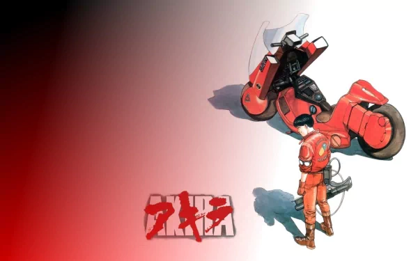 HD anime desktop wallpaper featuring Shotaro Kaneda standing next to his iconic red motorcycle from Akira against a gradient red and white background.