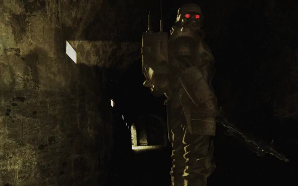 Dark anime HD PC desktop wallpaper from Jin-Roh: The Wolf Brigade showing a helmeted armored soldier with glowing red eyes and rifle in a dim concrete tunnel.