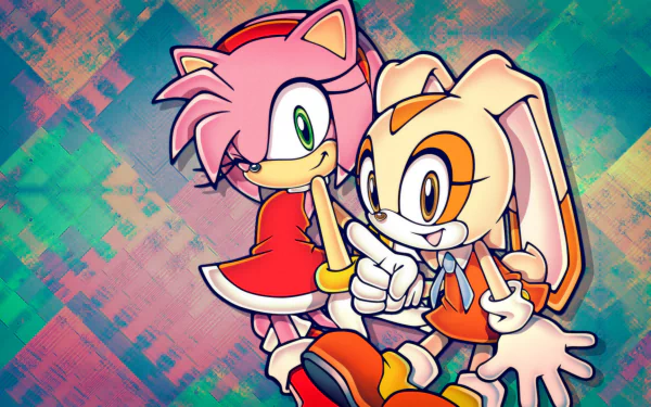 HD PC desktop wallpaper/background of Amy Rose and Cream the Rabbit from the video game Sonic Heroes, vibrant geometric backdrop and cheerful poses.