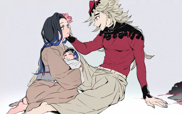 HD PC wallpaper featuring Inosuke Hashibira and Doma from Demon Slayer: Kimetsu no Yaiba in a calm, intimate scene with soft colors and detailed anime art.