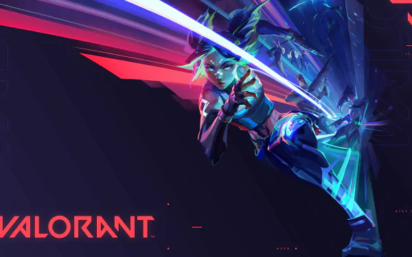Neon from Valorant in dynamic action pose with vibrant neon lights, featured in a 4K Ultra HD video game desktop wallpaper.
