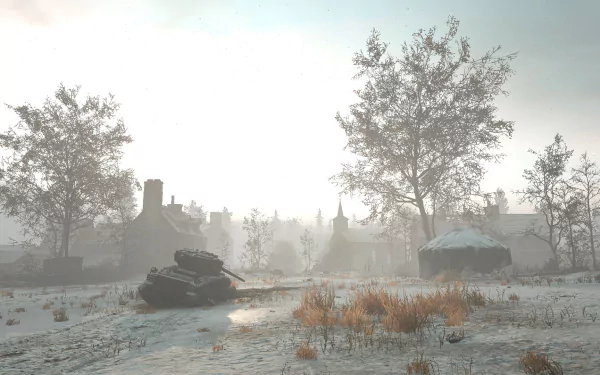 HD desktop wallpaper featuring a snowy scene from Hell Let Loose with a tank and winter trees.