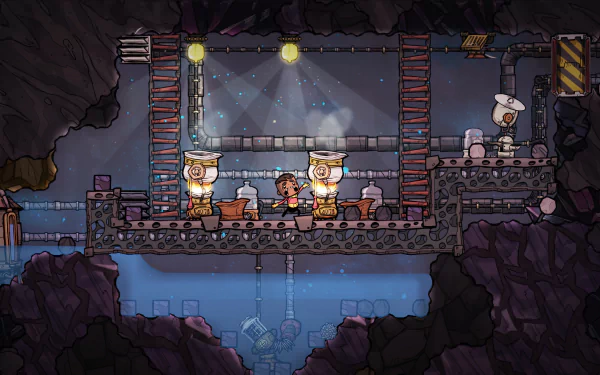 HD desktop wallpaper featuring a scene from the game Oxygen Not Included, showing animated characters managing a base within an underground setting.