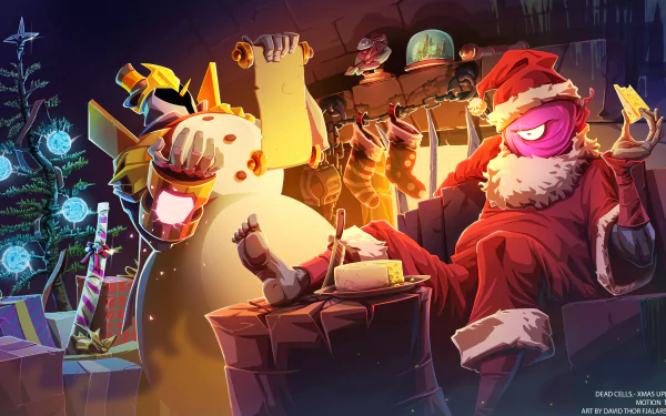 HD desktop wallpaper featuring characters from Dead Cells with a festive holiday theme for a game background.
