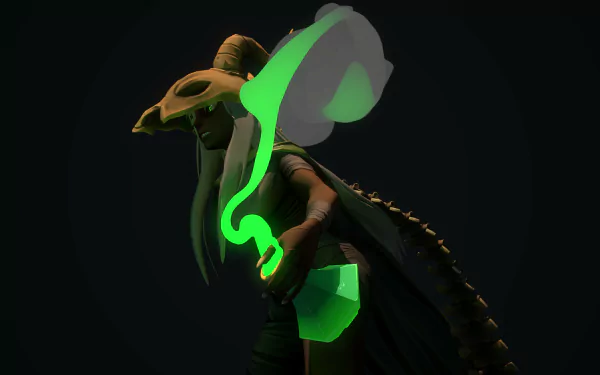 Slay the Spire HD desktop wallpaper featuring a shadowy, green-glowing character in an enigmatic pose against a dark background.