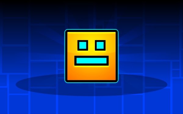 HD Geometry Dash icon desktop wallpaper featuring a vibrant square character with a gleeful expression on a blue gradient background.