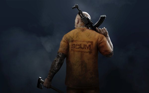 HD wallpaper of a character from SCUM game holding a gun, showing off tattooed arms and the SCUM logo on the back of a dirty shirt.