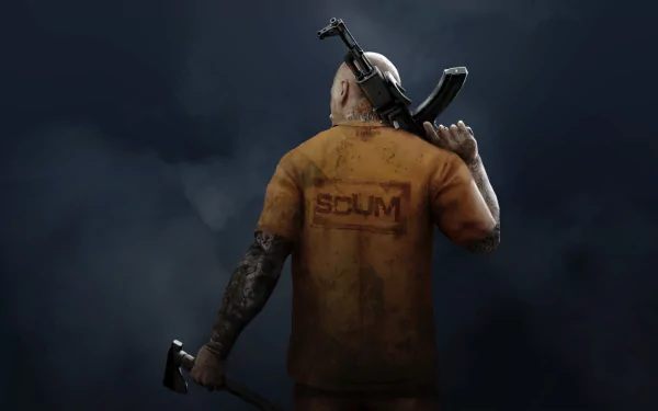 HD wallpaper of a character from SCUM game holding a gun, showing off tattooed arms and the SCUM logo on the back of a dirty shirt.