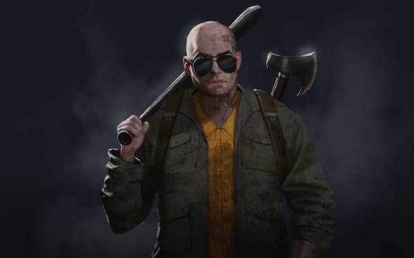 HD desktop wallpaper featuring a SCUM character with a bald head, sunglasses, and carrying axes on a dark, moody background.