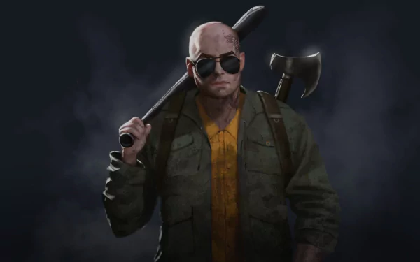 HD desktop wallpaper featuring a SCUM character with a bald head, sunglasses, and carrying axes on a dark, moody background.