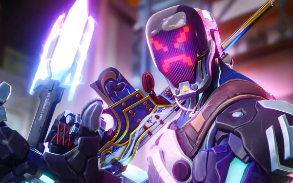 HD PC desktop wallpaper/background of KAY/O from Valorant — cybernetic agent in neon-lit armor wielding a futuristic blade in vibrant video game art