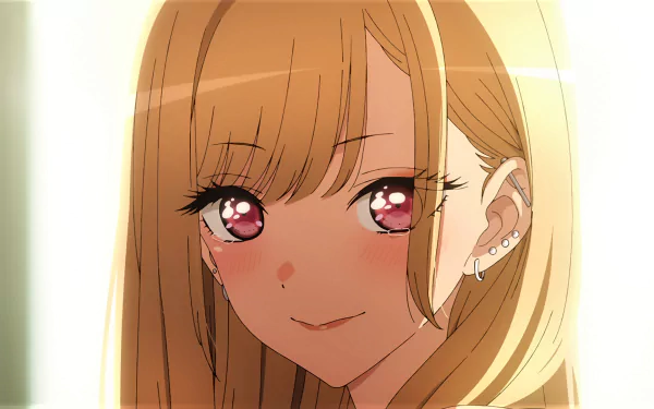 HD anime desktop wallpaper featuring Marin Kitagawa from My Dress-Up Darling with sparkling eyes and a warm smile in soft golden light.