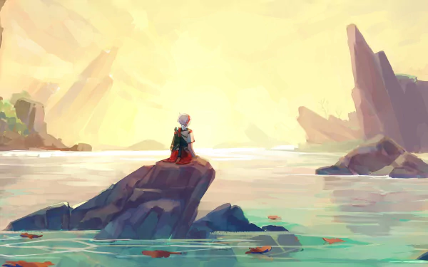 HD desktop wallpaper featuring Kaedehara Kazuha from the video game Genshin Impact, sitting on a rock with a serene background of water and mountains at sunset.