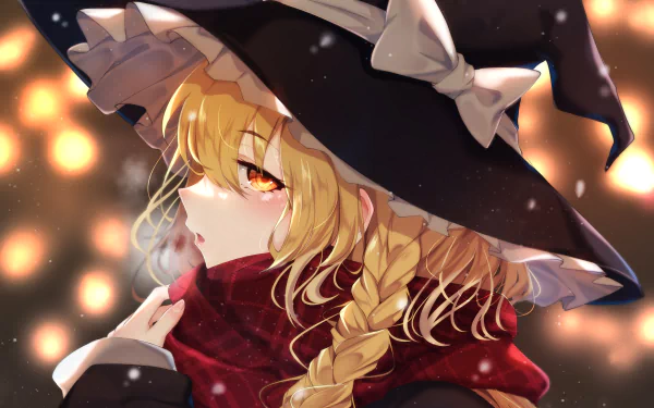 Marisa Kirisame (Touhou) anime portrait with braided blonde hair, witch hat and red scarf against warm bokeh lights — 4K Ultra HD PC desktop wallpaper/background