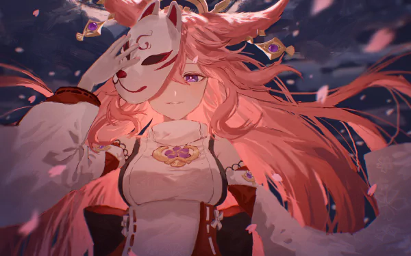 HD desktop wallpaper of Guuji Yae Miko from the video game Genshin Impact, depicted holding a fox mask near her face with long flowing pink hair and intricate attire, amidst a background of falling cherry blossoms.