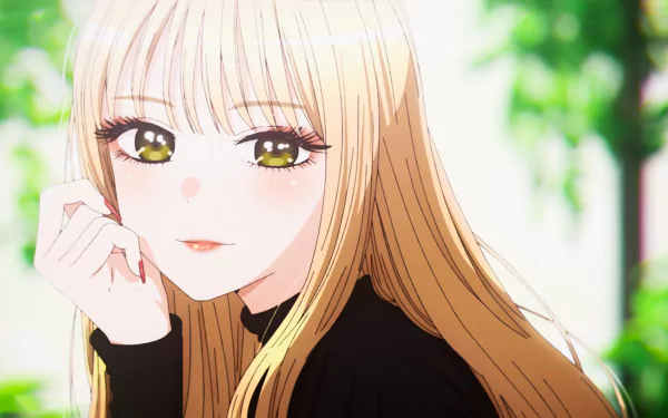 HD desktop wallpaper of Marin Kitagawa from the anime My Dress-Up Darling, featuring her with long blonde hair, delicate features, and a gentle smile, set against a blurred green background.