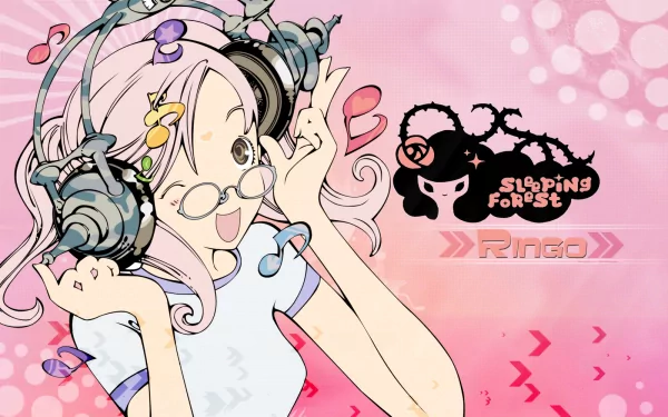 Anime Air Gear HD PC desktop wallpaper: pink background with a cheerful girl in headphones and glasses, scattered hearts and the Sleeping Forest / Ringo logo.