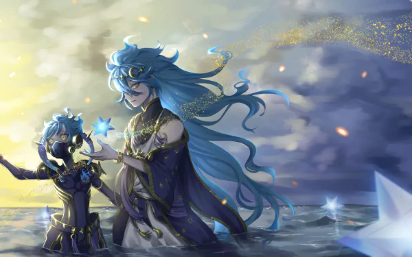 Idia Shroud from the video game Twisted Wonderland in a 2K Quad HD PC desktop wallpaper: flowing teal hair, starry water reflections and a small doll beneath a twilight sky.