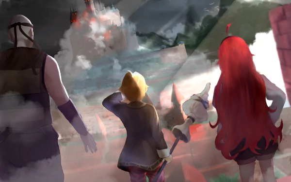 Rudeus Greyrat and Eris Boreas Greyrat with companions stand on a battlement, gazing at a smoky battlefield — Mushoku Tensei: Jobless Reincarnation anime 4K Ultra HD PC wallpaper/background.