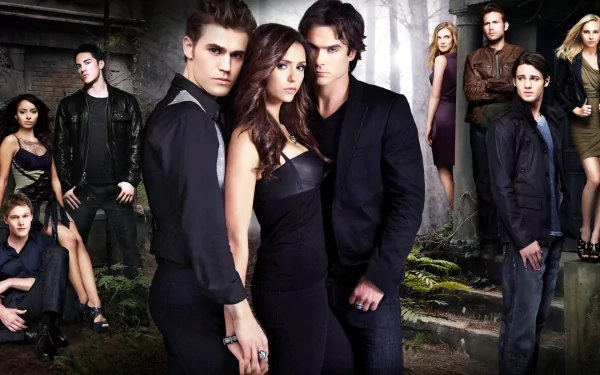 HD wallpaper featuring the cast of the TV show The Vampire Diaries, showcasing the main characters in a dark, forest-like setting.
