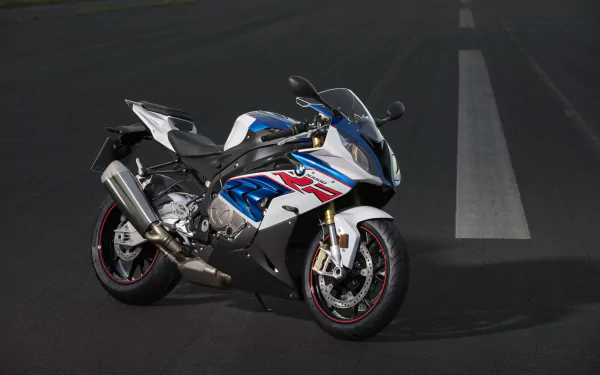 8K Ultra HD PC desktop wallpaper showing a BMW S1000RR sport motorcycle (BMW S1000) on a dark road, detailed shot of the vehicle.
