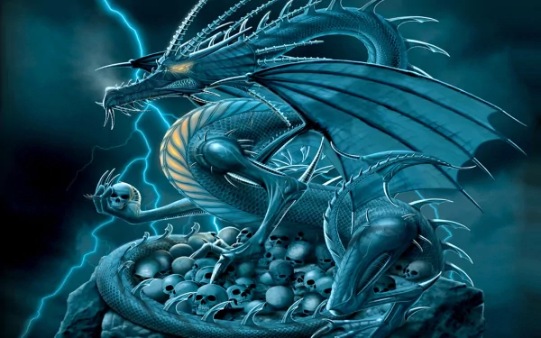 HD desktop wallpaper featuring a fierce, blue dragon with glowing eyes, perched atop a pile of skulls. Lightning strikes illuminate the dark, fantasy-themed background.
