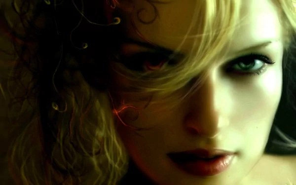 HD desktop wallpaper of a dark, enchanting vampire with piercing green eyes and glowing blonde hair, exuding a mysterious and alluring aura.