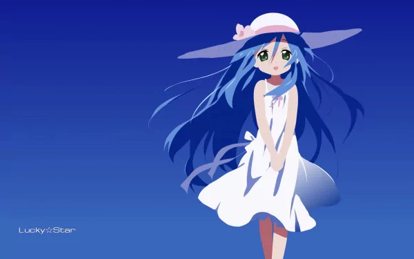 HD PC desktop wallpaper showing Kanata Izumi from Lucky Star in a white sundress and wide-brimmed hat, long blue hair blowing against a deep blue gradient sky.