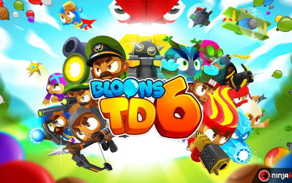HD wallpaper of Bloons TD 6 featuring colorful characters and balloons with game logo for desktop background.