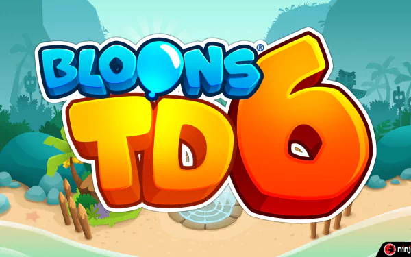 HD Bloons TD 6 desktop wallpaper with game logo on a tropical backdrop.