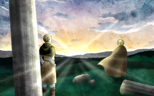 Anime HD PC wallpaper: Askeladd and Thorfinn from Vinland Saga stand on a grassy ridge at sunrise, cloaks billowing as light breaks over misty hills beneath a pastel sky.
