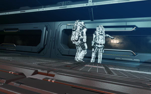Two astronauts in futuristic suits explore a sleek spacecraft interior in this HD wallpaper inspired by the video game Space Engineers.