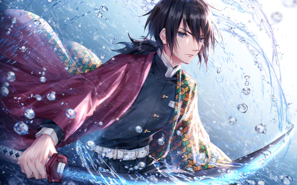 HD PC desktop wallpaper of Giyuu Tomioka from the anime Demon Slayer: Kimetsu no Yaiba, depicted wielding a sword with dynamic water effects surrounding him.