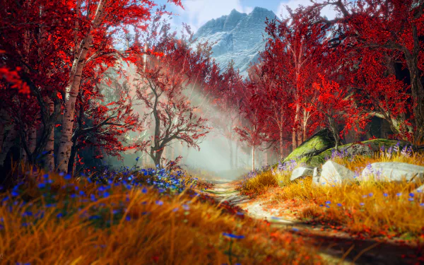 A vibrant 4K Ultra HD PC desktop wallpaper featuring a scenic autumn forest path from the God of War (2018) video game, with red leaves and sunlight filtering through trees.