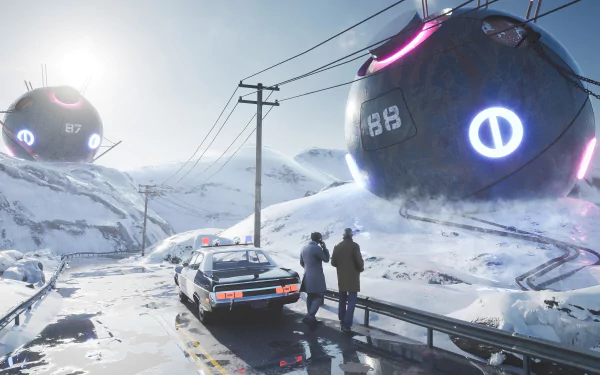 4K Ultra HD PC desktop wallpaper and background — futuristic Sci Fi scene: snowbound road with glowing hovering spherical structures, a stopped police cruiser and two figures beneath power lines.