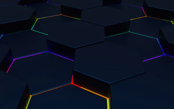 Artistic hexagon pattern of dark 3D tiles with neon rainbow seams, 5K Ultra HD PC desktop wallpaper background.