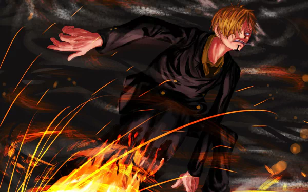 4K Ultra HD anime wallpaper featuring Sanji from One Piece, depicted in intense action with flames and a dark, stormy background.