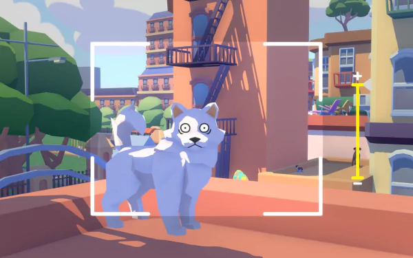 HD desktop wallpaper featuring a cute cartoon dog from Pupperazzi game in a colorful urban setting.