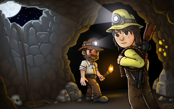 A vibrant HD desktop wallpaper featuring characters from the video game Spelunky 2, set in a mysterious cave with dynamic lighting and a sense of adventure.