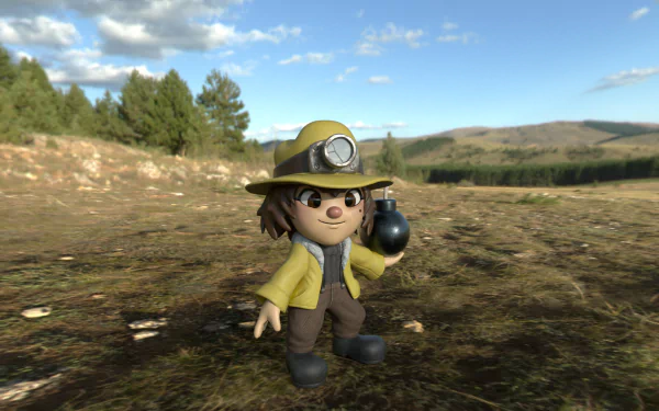 HD wallpaper featuring an animated character from Spelunky 2 holding a bomb, set against a realistic outdoor background.