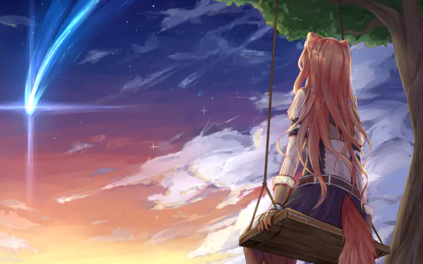 Raphtalia from The Rising of the Shield Hero sits on a tree swing, gazing at a vibrant anime sunset with shooting stars in an 8K Ultra HD desktop wallpaper.