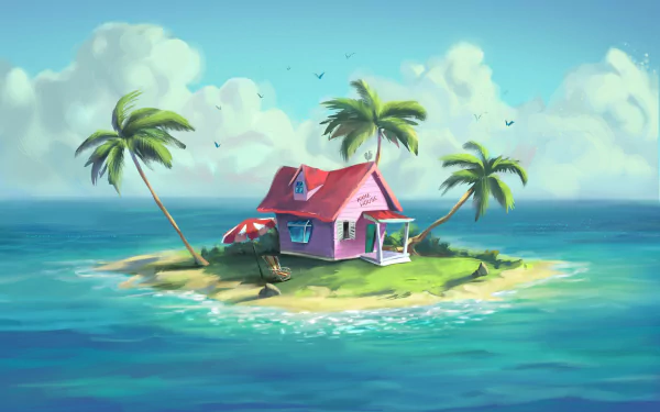 Kame House on a tiny tropical island from Dragon Ball, anime-style HD PC desktop wallpaper: pink house, swaying palm trees, turquoise sea and bright skies.