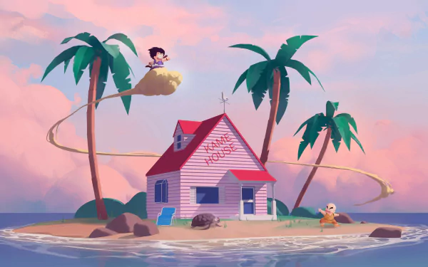 4K Ultra HD anime wallpaper featuring Goku on Flying Nimbus and Krillin near Kame House with palm trees and a serene ocean backdrop from Dragon Ball.